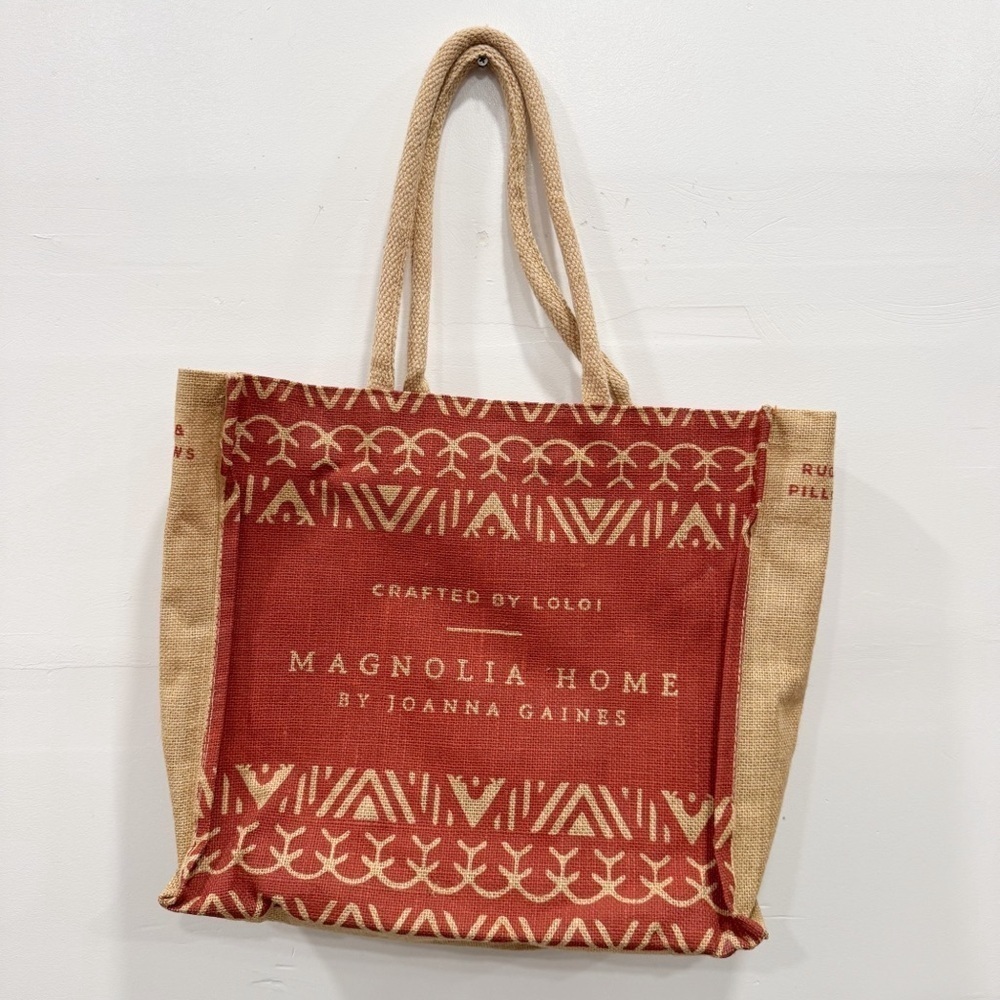 Magnolia Home Joanna Gaines Burlap Tote Bag Pier 1 Tan Red Farmer’s Market Large